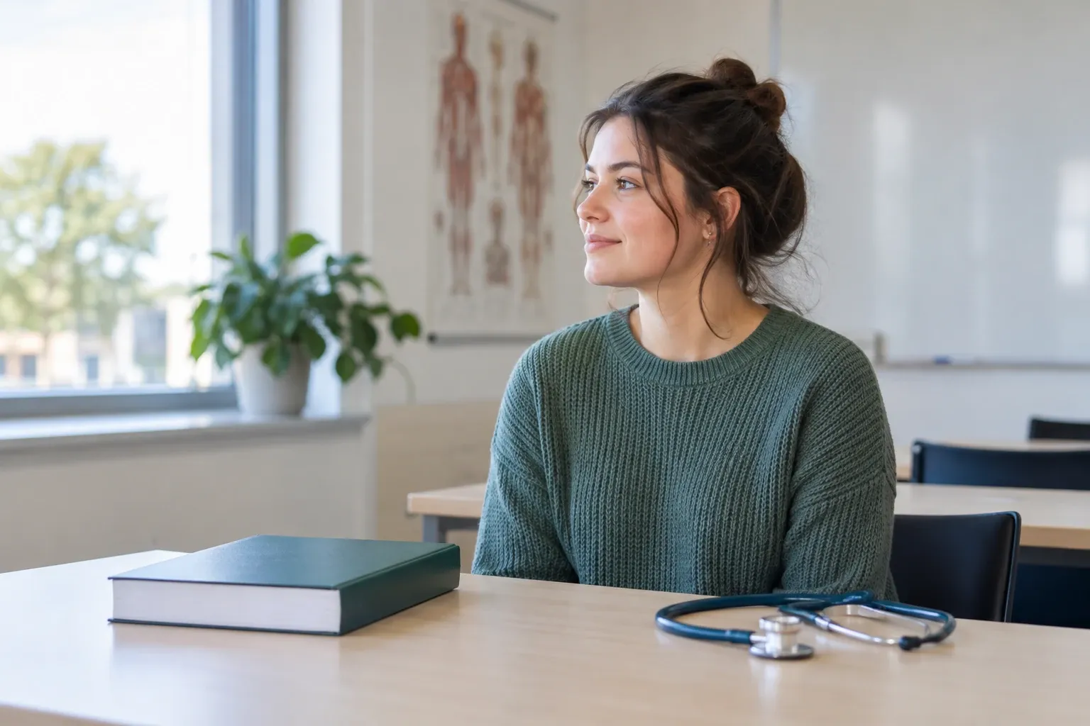 Vrouwelijke student in lokaal met stethoscoop en studieboek, kijkt naar raam