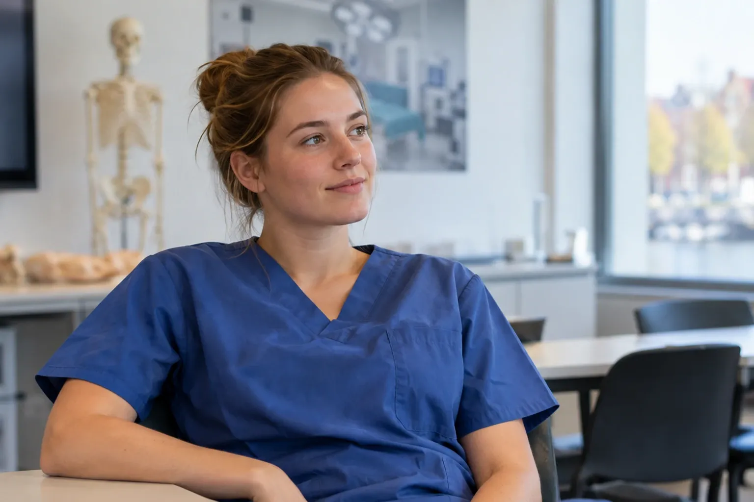 Vrouw in blauwe scrubs zittend in klaslokaal voor medische opleiding, ontspannen gezicht