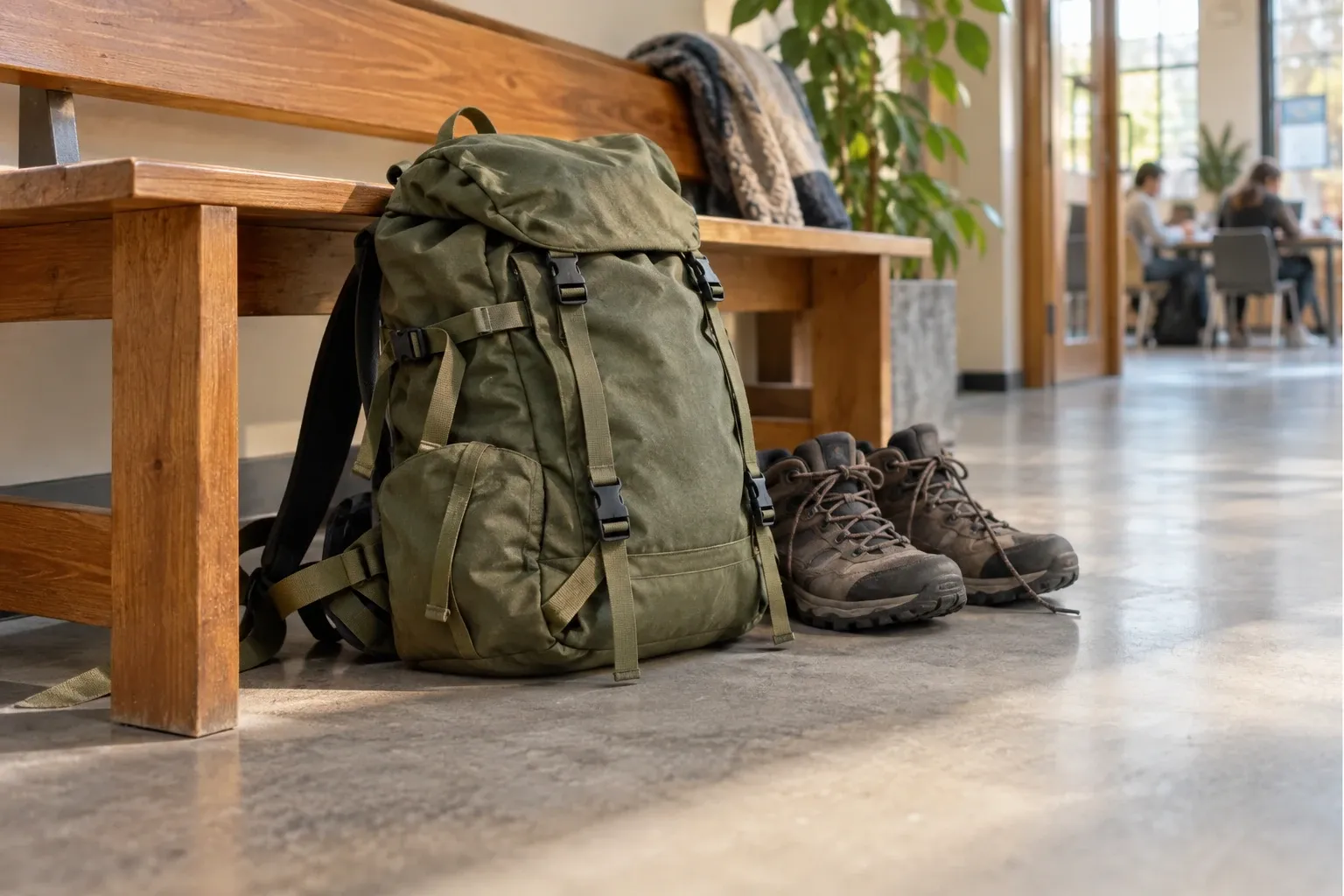 Groene rugzak en wandelschoenen naast houten bank in lichte gang met mensen verderop
