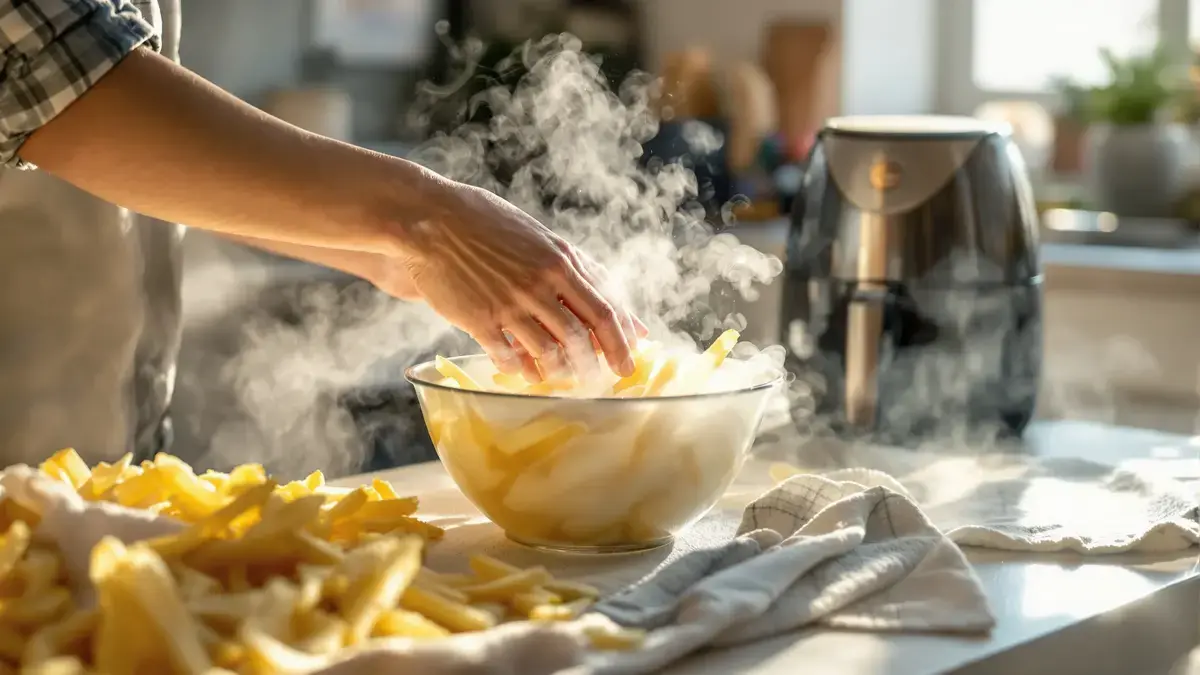 Deze eenvoudige truc met heet water verbetert het bakken van friet in de heteluchtfriteuse